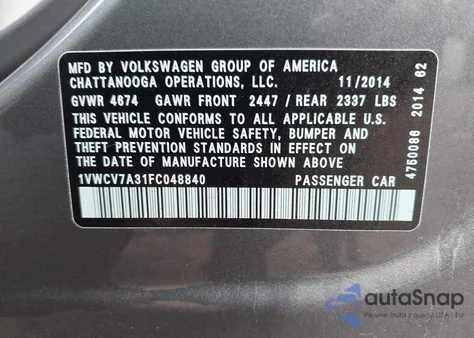 2015 Volkswagen Passat 2.0L Tdi Sel Premium из США, поврежденный, VIN 1VWCV7A31FC048840